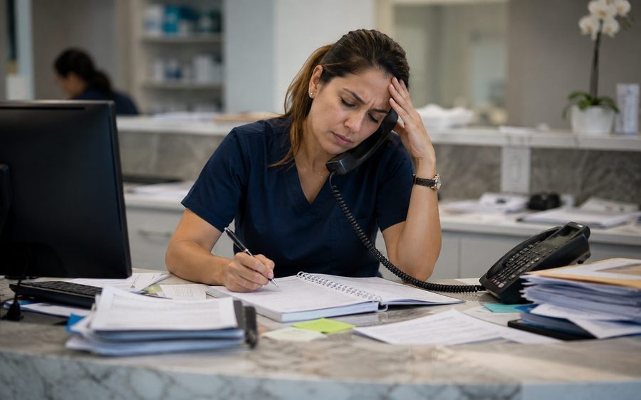 Recepcionista de clínica sobrecargada atendiendo el teléfono