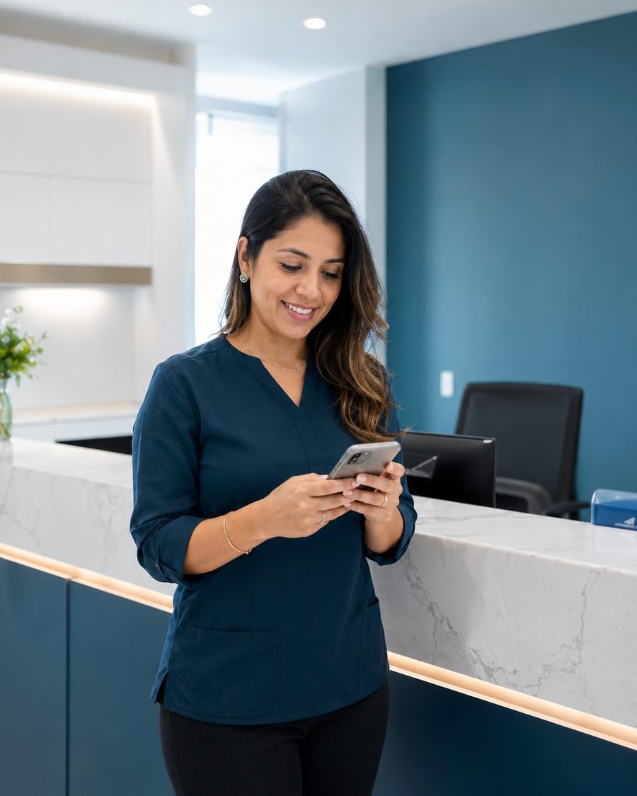 Recepcionista de clínica respondiendo con calma por el celular