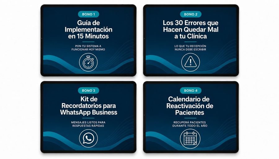 Los 4 bonos: Guía de Implementación, 30 Errores, Kit WhatsApp Business y Calendario de Reactivación