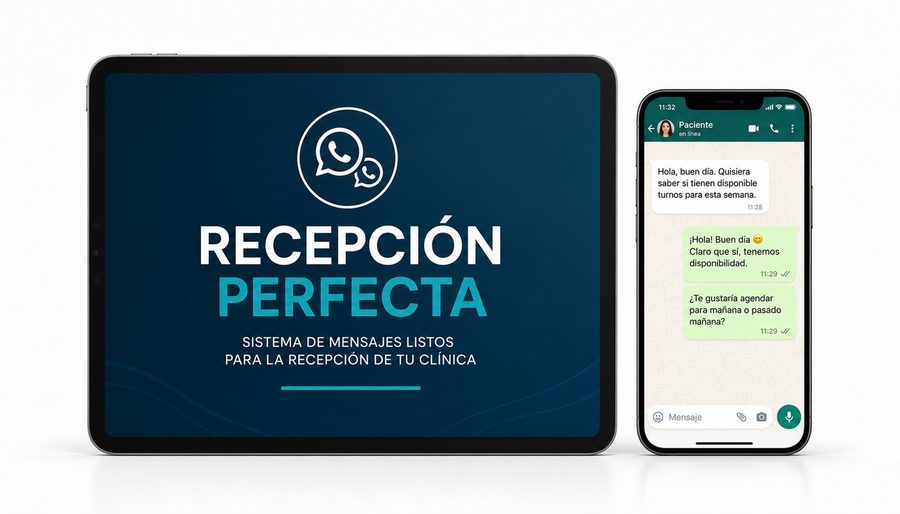 Recepción Perfecta mostrado en tablet y celular con una conversación de WhatsApp